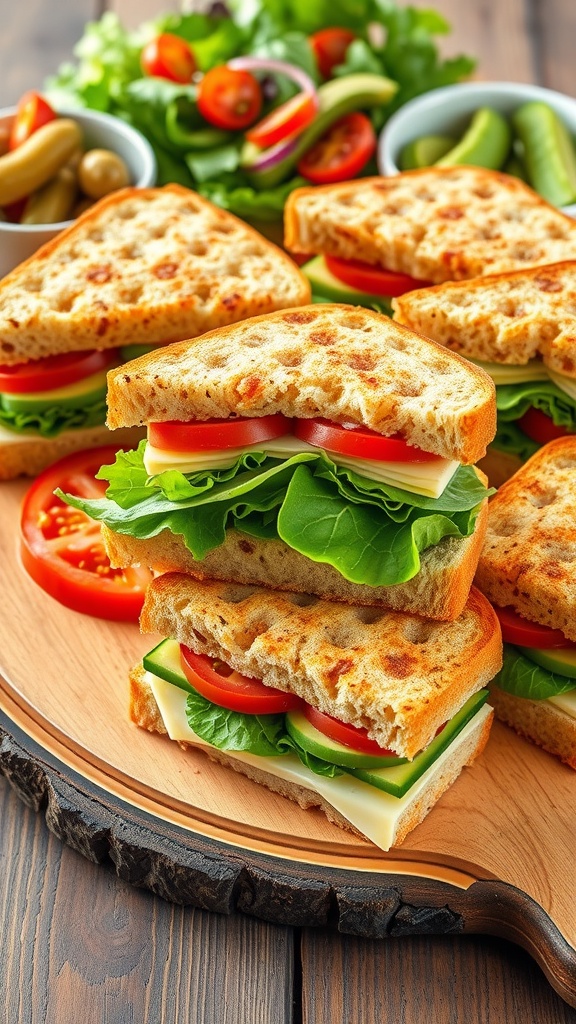 An array of sandwiches with fresh toppings like lettuce, tomato, avocado, and cheese on a wooden board.